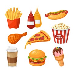 Fast food. Cartoon french fries, ketchup and hot dog, chicken and pizza, coffee and burger, popcorn and ice cream. Takeaway junk food vector set. Hot drink, bottles of sauce and tasty meal