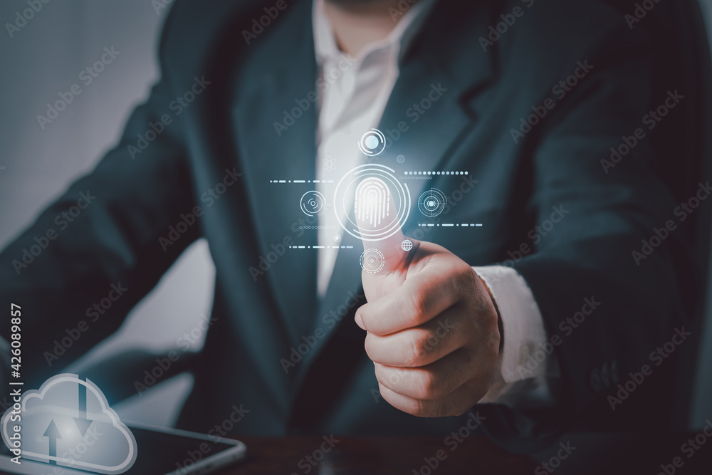 Poster hand touching to virtual artificial intelligence with cloud technology transformation and internet o