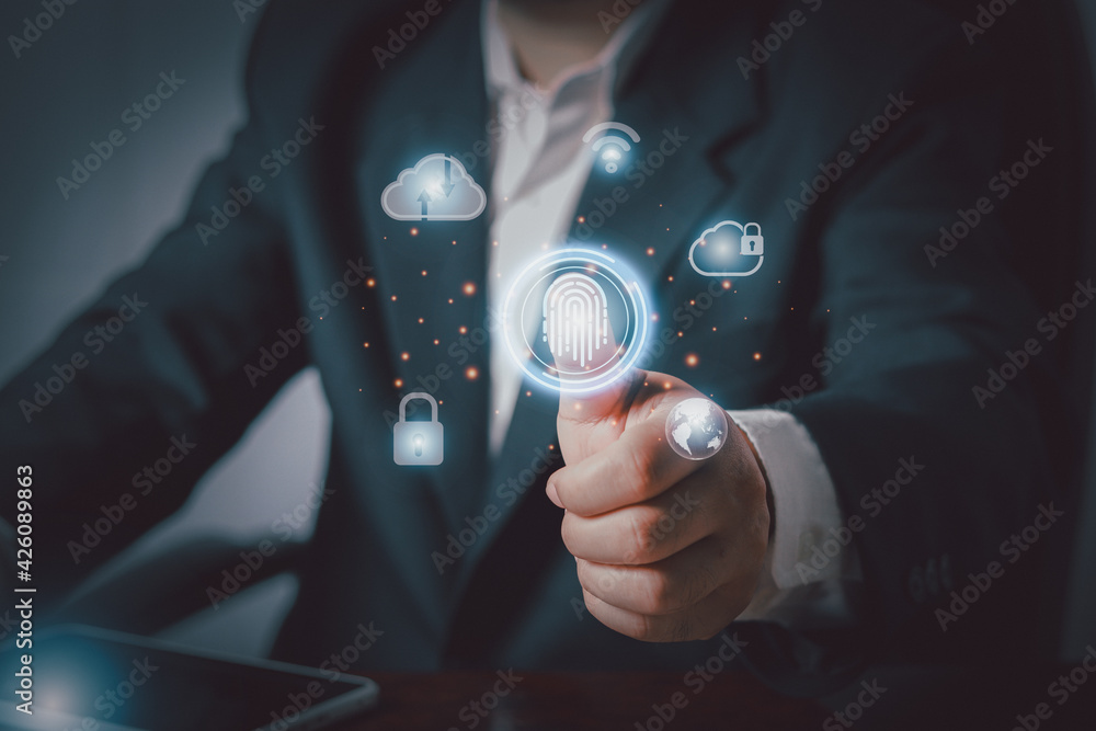 Poster hand touching to virtual artificial intelligence with cloud technology transformation and internet o