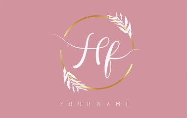 Hf h F Letters logo design with golden circle and white leaves on branches around. Vector Illustration with H and F letters.