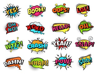 Comic sound bubbles. Cartoon action words, boom, oops and pow, yes and oh, lol. Retro comic book text bubbles with halftone vector set. Expression of emotions in pop art style elements