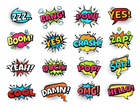 Comic speech bubbles. Cartoon expressions zam, boom and crash, cool and omg, lol. Retro comics text bubble with halftone vector set. Dialog or talk clouds of different shape and color