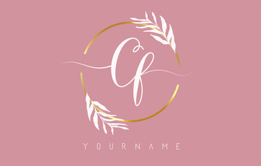 Cf c f Letters logo design with golden circle and white leaves on branches around. Vector Illustration with C and F letters.