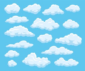 Fototapeta premium Cartoon clouds. Blue cloudy sky with white floating fluffy cloud shapes. 2d game, atmospheric vector isolated elements. Good weather, bright heaven and beautiful cloudscape outdoor