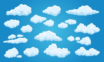 White cartoon clouds. Cute cloudy blue sky 2d game comic elements, heaven summer weather background isolated vector set. Summertime cloudscape view, bright and warm weather conditions