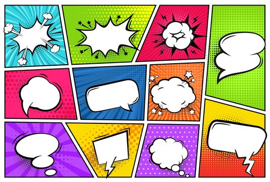 Comic frames with speech bubbles. Talk balloons with pop art backdrop in frames. Superhero explosion magazine texture. Retro vector templates with empty or blank dialog clouds for text