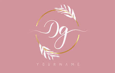 Fototapeta na wymiar DG d g Letters logo design with golden circle and white leaves on branches around. Vector Illustration with D and G letters.