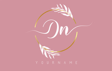 DN d n Letters logo design with golden circle and white leaves on branches around. Vector Illustration with D and N letters.