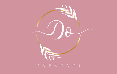 Fototapeta na wymiar DO d o Letters logo design with golden circle and white leaves on branches around. Vector Illustration with D and O letters.