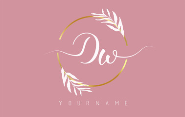 DW d w Letters logo design with golden circle and white leaves on branches around. Vector Illustration with D and W letters.