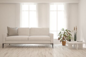 White living room with sofa. Scandinavian interior design. 3D illustration