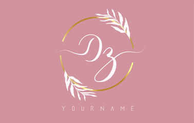DZ d z Letters logo design with golden circle and white leaves on branches around. Vector Illustration with D and Z letters.