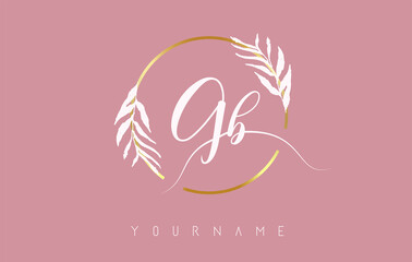 GB g b Letters logo design with golden circle and white leaves on branches around. Vector Illustration with G and B letters.