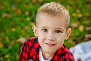 A large portrait of a boy in nature, in the park or outdoors. A child on a green background.