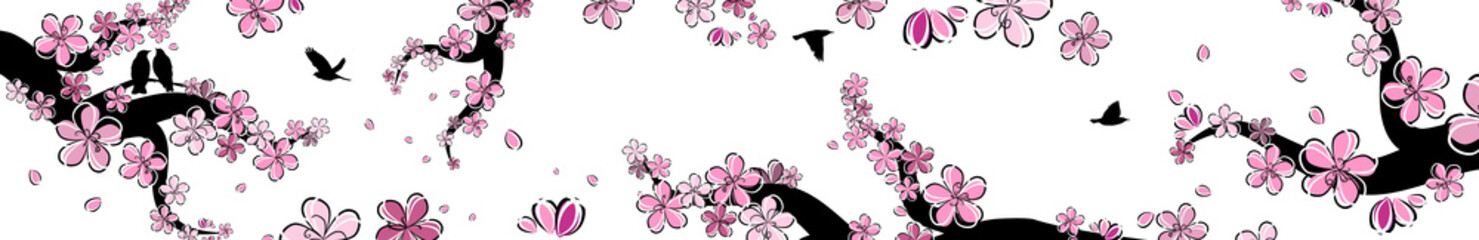 A branch of sakura with falling petals With flying birds . Horizontal banner. Vector illustration