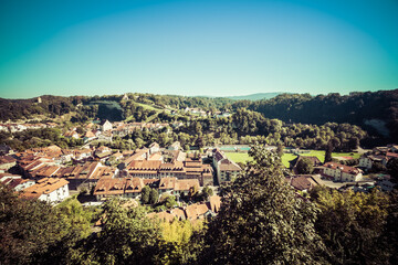 Panoramic shot of the old town of Fribourg, with the Lorette hill in the background, shot in Fribourg, Switzerland