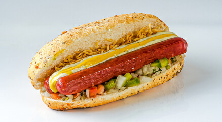 Traditional hot dogs, sandwich served with sausage, potato chips sauces on special bread