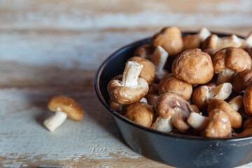 .Fresh shiitake mushrooms in a pan for cooking