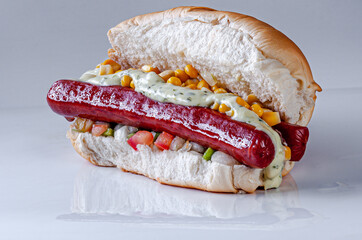 Traditional hot dogs, sandwich served with sausage, potato chips sauces on special bread