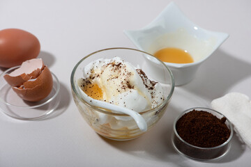 Egg White Face Mask ingredients. Whipped egg white, honey, coffee grounds. 