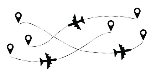 Airplane line path. Air plane flight route with start point. Vector Aircraft sign. GPS, location pointer. Trace and track vacation, holliday. Travel navigation.