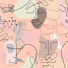 One line drawing. Abstract face seamless pattern.
