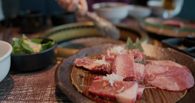 Fresh slice of Wagyu beef in japanese bbq restaurant