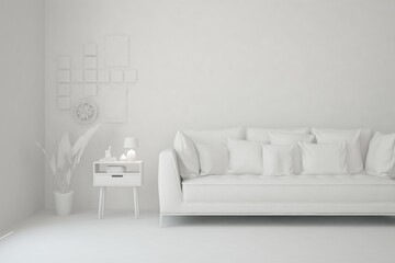 White minimalist living room with sofa. Scandinavian interior design. 3D illustration