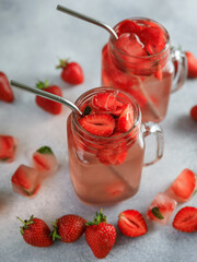 Iced strawberry drink with summer berries. Diet drink and healthy concept