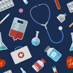 Seamless pattern with medical icons. Hospital signs. Stethoscope, vials, pills, test tubes, dropper. heart, doctor's bag, pipette. Vector color illustration.