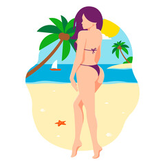 The girl in a bathing suit. Beautiful girl walks on the sand along the sea. Cute girl is resting and sunbathing. Flat design. Vector illustration
