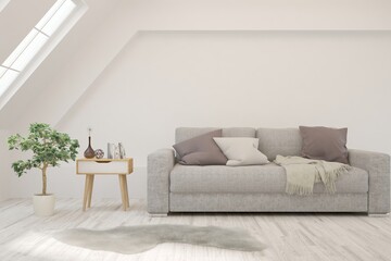 White living room with sofa. Scandinavian interior design. 3D illustration