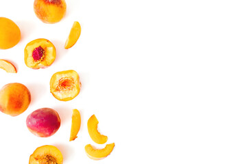 Tasty sweet peaches on white background. Sweet summer fruits. Top view