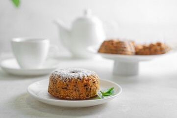 Carrot cake (pie, muffin). Vegetarian (lean) food. Healthy eating - a light tasty nutritious breakfast (snack).