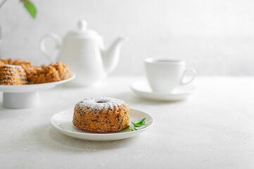 Carrot cake (pie, muffin). Vegetarian (lean) food. Healthy eating - a light tasty nutritious breakfast (snack).