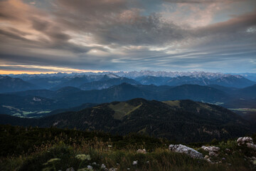 Sunrise panorama view at Benediktenwand mountain, Bavaria, Germany