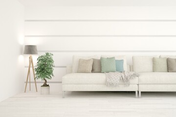 Soft color living room with sofa. Scandinavian interior design. 3D illustration