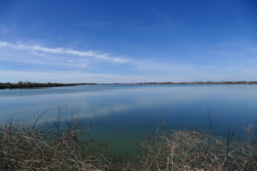 Reservoir Speichersee lake in Ismaning in Bavaria, Germany