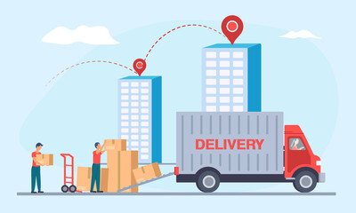 Delivery truck with man is carrying parcels on points. Concept online map, tracking, service. Vector illustration EPS10