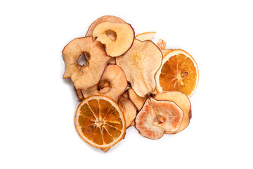 Dried fruit isolated on white background. Dried grapefruit, dried apple, dried pear.