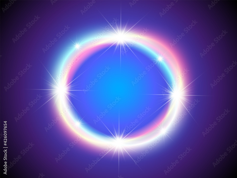 Aufkleber shiny neon frame with sparkles and colorful glow on dark blue background. round frame with flares. c