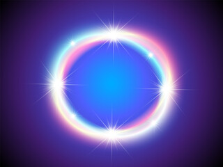 Shiny neon frame with sparkles and colorful glow on dark blue background. Round frame with flares. Circle shape.