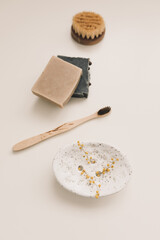 natural hygiene products, home soap, linen towel, bamboo toothbrushes, eco friendly style life concept, zero waste concept