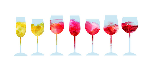 Watercolor abstract wine set with red, white, pink wine glasses