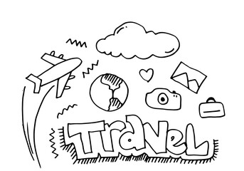 Set of hand drawn travel doodle. Vector illustration.Doodle art world travel collection design.