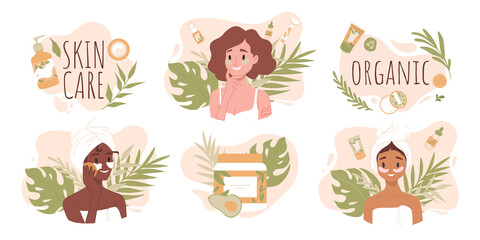 Skin care routine. Young girl face skin, organic natural cosmetic products. Korean cosmetics. Woman in towel portrait with eye patches, care supplies. Beauty procedures vector cartoon icon set.