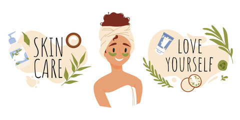 Fototapeta premium Skin care routine. Young girl face skin, organic natural cosmetic products. Korean cosmetics. Woman in towel portrait with eye patches, care supplies. Beauty procedures vector cartoon icon set.