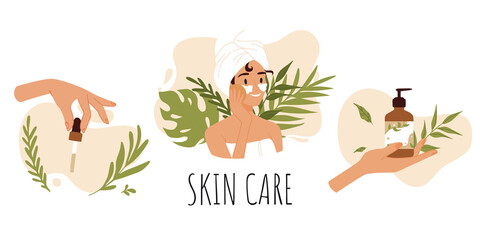 Skin care routine. Young girl face skin, organic natural cosmetic products. Korean cosmetics. Woman in towel portrait with eye patches, care supplies. Beauty procedures vector cartoon icon set.