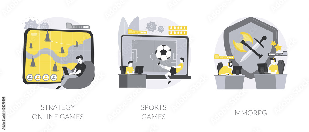 Aufkleber playing computer games abstract concept vector illustrations.