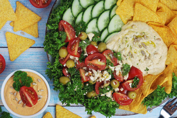 Hummus with vegetables salad and nachos
